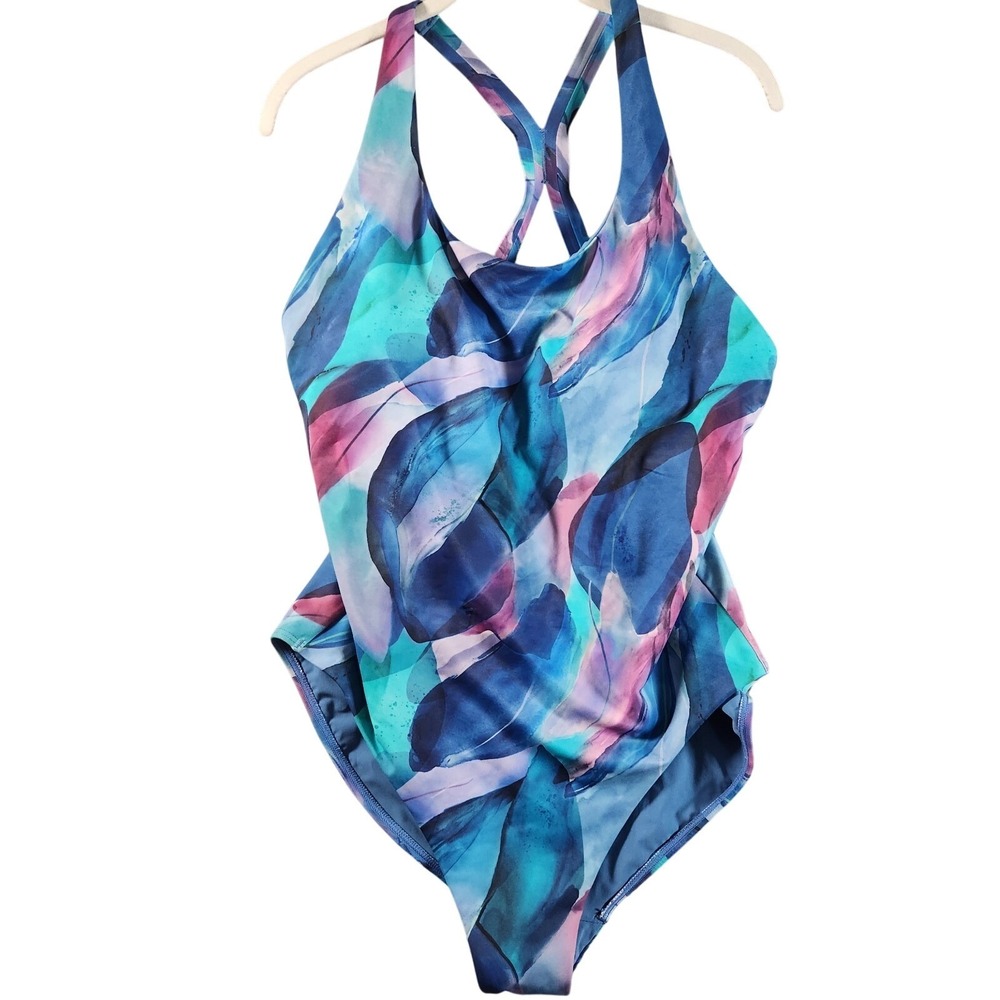 Athleta Malibu One Piece Swimsuit Womens Large Cool Blue Racerback Make a Splash
